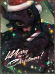 4_claws ambiguous_gender black_body black_scales border candy candy_cane christmas christmas_clothing christmas_decorations christmas_headwear christmas_lights claws clothing dessert dragon dreamworks european_mythology feral food fury_(httyd) green_background green_eyes hat head_tilt headgear headwear hi_res holidays how_to_train_your_dragon membrane_(anatomy) membranous_wings mythological_creature mythological_scalie mythology night_fury pink_tongue rivashell santa_hat scales scalie shaded simple_background soft_shading solo text tongue tongue_out toothless western_dragon wings