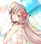  blue_eyes blush brown_hair flower hair_flower hair_ornament ia_(vocaloid) long_hair looking_at_viewer looking_back shiomizu_(swat) smile solo umbrella vocaloid 