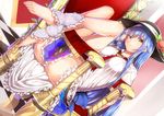 ankle_cuffs barefoot blue_hair breasts chair checkered checkered_floor hat hinanawi_tenshi knees_up large_breasts long_hair neropaso panties pantyshot pantyshot_(sitting) red_eyes sitting solo throne touhou underwear 