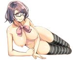  black_legwear blush breasts brown_eyes brown_hair glasses large_breasts nipples open_mouth original q_(a72pgc) short_hair simple_background smile solo thighhighs white_background 