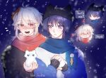  2boys animal_hat blue_scarf cat_hat fingerless_gloves genshin_impact gloves hat holding holding_snowball holding_snowman kaedehara_kazuha lea_haku looking_at_another lower_teeth_only multicolored_hair multiple_boys open_mouth purple_eyes purple_hair red_eyes red_hair red_scarf scaramouche_(genshin_impact) scarf snow_on_head snowball snowing speech_bubble streaked_hair teeth watermark white_hair 