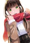  1girl bangs belt belt_buckle black_belt blunt_bangs blush brown_hair brown_jacket buckle can dutch_angle earmuffs eyebrows_visible_through_hair green_eyes hair_ornament hairclip hands_up holding holding_can jacket kawaoka_(tsuchinokome) kurosawa_dia long_sleeves looking_at_viewer love_live! love_live!_sunshine!! mole open_clothes open_jacket parted_lips red_scarf ribbed_sweater round_teeth scarf simple_background sleeves_past_wrists solo sweater teeth upper_teeth white_background white_sweater 