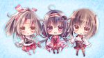  :&lt; ahoge brown_eyes brown_hair chibi hachimaki hairband headband hina_(ohinao) kantai_collection long_hair looking_at_viewer low_twintails multiple_girls muneate open_mouth pantyhose ponytail purple_eyes red_eyes ryuuhou_(kantai_collection) short_hair skirt sleeves_past_wrists smile taigei_(kantai_collection) taihou_(kantai_collection) thighhighs twintails wide_sleeves zuihou_(kantai_collection) 