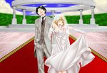  1girl black_hair blonde_hair blush bob_cut breasts cleavage closed_eyes dress formal genderswap genshiken glasses gloves hato_kenjirou kuroki_masato long_dress madarame_harunobu medium_breasts necktie one_eye_closed otaku otaple short_hair skirt_hold suit wedding wedding_dress 