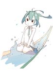  brown_eyes green_hair mmlu_(honwa_karesu) original pale_skin short_twintails simple_background sketch solid_circle_eyes solo twintails water_slide white_background 