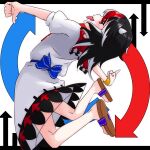  1girl arrow_print blue_bow blue_sash bow clip_studio_paint_(medium) commentary_request cone_horns dress full_body highres horns kameyan kijin_seija looking_at_viewer middle_finger multicolored_dress multicolored_hair sandals sash short_hair sideways_glance solo streaked_hair thumbs_down tongue tongue_out touhou white_dress 