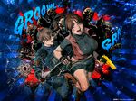  1girl bike_shorts bullet_hole claire_redfield commentary_request fingerless_gloves gloves golden_gun gun highres katou_teppei leon_s_kennedy open_mouth ponytail resident_evil resident_evil_2 running trigger_discipline weapon zombie 