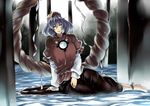  anklet barefoot blue_hair grey_eyes hair_ornament jewelry long_sleeves mirror necklace pillar rope shimenawa shirt short_over_long_sleeves short_sleeves sitting skirt solo tobisawa touhou yasaka_kanako 