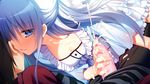  1girl artificial_vagina ayashiro_kagari blue_eyes censored cum ejaculation frills game_cg half_updo handjob hetero innocent_girl long_hair mosaic_censoring nanaka_mai nanami_wataru penis ribbon silver_hair whispering 