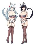  2girls alternate_breast_size_(larger) animal_ears apron bikini black_bikini black_garter_straps black_hair black_shoes blue_eyes blue_hair blush breasts brown_thighhighs commentary_request commission deno_(denomina0) detached_collar ear_ornament eishin_flash_(umamusume) enmaided eyepatch_bikini frilled_apron frilled_bikini frills full_body garter_straps gloves half-closed_eyes heart high_heels highres horse_ears horse_girl horse_tail huge_breasts long_hair looking_at_viewer maid maid_apron maid_bikini maid_headdress medium_hair mejiro_ardan_(umamusume) multiple_girls open_mouth own_hands_together parted_bangs pink_eyes shoes simple_background skeb_commission skindentation smile standing swimsuit tail thigh_gap thighhighs umamusume unconventional_maid v_arms very_long_hair waist_apron white_background white_gloves wing_collar 