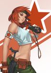  advance_wars armband bare_shoulders belt binoculars butt_crack crop_top crop_top_overhang dog_hate_burger domino_(advanced_wars) gloves gun headband lips looking_back midriff orange_hair short_hair solo star weapon 