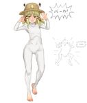  ascii_art barefoot blonde_hair blush bodysuit hair_ribbon hat highres kuro_suto_sukii looking_at_viewer moriya_suwako open_mouth ribbon short_hair smile toeless_legwear touhou 