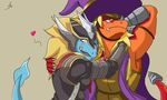  &lt;3 2014 anthro blonde_hair buddyfight claws clothing dragon drum_(buddyfight) duo eyelashes eyewear hair horn hug kinous_axia male monocle nude plain_background red_dragon reptile scalie sharp_teeth smile spiritedfox teeth yellow_eyes 