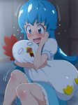  blue_dress blue_eyes blue_hair blush dress eyelashes happinesscharge_precure! long_hair open_mouth precure shirayuki_hime sitting solo tj-type1 