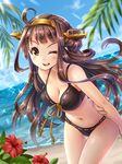  ;d ahoge alternate_costume beach bikini black_bikini black_eyes blush breasts brown_hair cleavage day double_bun flower front-tie_top hairband hibiscus kantai_collection kobanzame kongou_(kantai_collection) long_hair medium_breasts navel one_eye_closed open_mouth ribbon-trimmed_swimsuit ribbon_trim smile solo swimsuit 