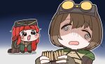 2girls ammunition black_bodysuit blunt_bangs bodysuit bomber_jacket brown_hair brownie_(last_origin) chibi crying crying_with_eyes_open fingerless_gloves gloves headgear jacket last_origin leprechaun_(last_origin) long_hair meme messy_hair multiple_girls red_hair rifle_cartridge rodong8 shoes short_hair tears trickcal very_long_hair wall-eyed wavy_eyes 