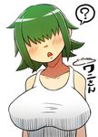  1girl ? breasts crocodile crocodilian female green_hair hair_over_eyes huge_breasts md5_mismatch open_mouth original personification shiri_ana_hiroge_tarou short_hair solo spoken_question_mark 