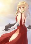  assault_rifle black_bullet blonde_hair blush breasts bullpup dress dual_wielding elbow_gloves fn_f2000 gloves gun highres holding long_hair looking_at_viewer looking_back medium_breasts older red_eyes rifle ryouya sideboob solo tina_sprout weapon 