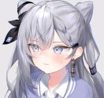  1girl alternate_costume asymmetrical_hair black_ribbon blue_eyes blush closed_mouth collared_shirt commentary_request cone_hair_bun double_bun earrings grey_background grey_hair hair_behind_ear hair_bun hair_ornament hair_ribbon hairclip hololive hololive_indonesia indonesian_commentary jewelry long_hair nikoo_(nikodayooo) portrait ribbon shirt solo sweatdrop twitter_username vestia_zeta virtual_youtuber 