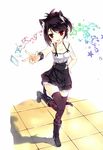  :d animal_ears black_hair black_legwear blush boots cat_ears cat_tail full_body hand_on_hip highres kaede_(003591163) knee_boots leaf_print looking_at_viewer open_mouth original ponytail print_legwear red_eyes short_hair short_ponytail skirt smile solo standing standing_on_one_leg tail thighhighs v zettai_ryouiki 