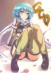  blue_eyes blue_hair feijitian highres scarf short_hair short_shorts shorts sinon sitting sword_art_online 