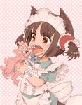  animal_ears apron black_hair cat_ears chibi dress green_dress grimace headdress licking maid maid_apron maid_headdress multiple_girls okome_(ricecandy) open_mouth original pink_hair short_sleeves size_difference sweatdrop teeth tongue tongue_out 