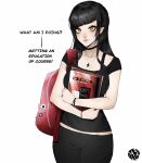  1girl backpack bag black_choker black_hair black_pants black_shirt book breasts brown_eyes choker closed_mouth collarbone commentary cowboy_shot cross cross_necklace diagonal_bangs english_commentary english_text highres holding holding_book jewelry lips long_hair looking_at_viewer medium_breasts mole mole_on_chest mole_on_neck mole_on_shoulder multiple_moles necklace nose original pants pointy_ears shirt short_sleeves simple_background smile solo teyoid white_background 