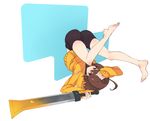  ahoge ass bad_id bad_nicoseiga_id barefoot bike_shorts brown_eyes brown_hair highres hood hoodie linne long_legs mk_(masatusaboten) orange_shirt reverse_grip shirt short_hair solo sweater sword under_night_in-birth undershirt upside-down weapon 