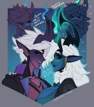 azure_(wmdiscovery93) black_sclera blue_blush blue_eyes blush breasts cleavage clothed clothing demon duo ear_piercing enoki_(helixel) eyebrows female hair hi_res horn humanoid long_ears male piercing spikes white_eyebrows white_hair wmdiscovery93