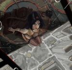  1girl artist_name black_cat black_hair breasts cat commentary cowboy_bebop english_commentary faye_valentine from_above green_eyes hairband highres looking_at_viewer looking_up outdoors paid_reward_available sitting tatti_art thighhighs 