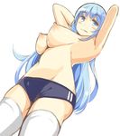  arms_up blue_eyes blue_hair blush breasts buruma large_breasts long_hair nipples q_(a72pgc) simple_background solo thighhighs topless white_background white_legwear 