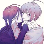  2girls ahoge alternate_costume commentary_request danganronpa_(series) danganronpa_another_episode:_ultra_despair_girls eyelashes fingernails fukawa_toko hair_between_eyes hand_on_another's_face hand_on_another's_shoulder highres limited_palette ling_yun_(amadare0803) long_hair long_sleeves mole mole_under_mouth multiple_girls naegi_komaru no_eyewear short_hair simple_background white_background yuri 