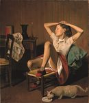  absurdres arms_up balthus cat closed_eyes dated highres oil_painting_(medium) original panties realistic reference_work signature sitting skirt solo therese_dreaming underwear upskirt 