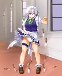  bad_id bad_pixiv_id braid colorized frills full_body garters izayoi_sakuya kasuga_yukihito knife leg_garter loafers maid maid_headdress panties pantyshot pantyshot_(standing) purple_eyes revision shoes short_hair silver_hair sketch socks solo standing too_many too_many_knives touhou traditional_media twin_braids underwear white_panties wind wind_lift 