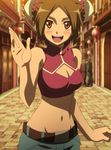  1girl akame_ga_kill! blush breasts brown_hair cleavage cleavage_cutout highres looking_at_viewer navel open_mouth screencap short_hair smile standing stitched 