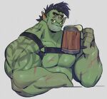 2022 alcohol arm_scar arm_tattoo barazoku beer beer_mug beverage biceps black_hair black_harness blush brown_eyes cheek_scar chest_scar container cup deltoids facial_scar finger_scar forearm_muscles hair hand_scar harness holding_container holding_cup holding_mug holding_object humanoid male mohawk mug muscular muscular_humanoid muscular_male orc pecs scar scars_all_over shoulder_tattoo smile solo tattoo tritscrits tusks