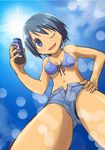  ;d bikini_bottom bikini_top blue_eyes blue_hair can from_below mahou_shoujo_madoka_magica midriff miki_sayaka navel one_eye_closed open_mouth short_shorts shorts smile solo sun yukimura_kaname 