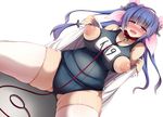  blue_hair blush breasts collar heart heart-shaped_pupils highres huge_breasts i-19_(kantai_collection) kantai_collection leash long_hair looking_at_viewer nipple_cutout nippleless_clothes nipples one-piece_swimsuit open_mouth pink_eyes school_swimsuit solo swimsuit symbol-shaped_pupils thighhighs twintails yuzumiya_mono 