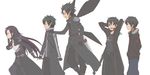  bad_id bad_pixiv_id black_eyes black_hair breastplate fairy_wings fingerless_gloves gloves hands_in_pockets highres kirito kirito_(sao-alo) kirito_(sao-ggo) long_hair multiple_boys multiple_persona needle_(needlebomb) otoko_no_ko pointy_ears short_hair spiked_hair sword sword_art_online weapon wings 