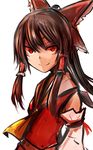  ascot bare_shoulders bow detached_sleeves frilled_bow frills hair_bow hair_tubes hakurei_reimu long_hair long_sleeves looking_at_viewer ne_kuro red_bow red_eyes simple_background smile solo touhou upper_body white_background 