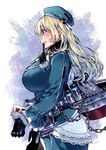  adjusting_clothes adjusting_gloves atago_(kantai_collection) blonde_hair blush breasts glove_in_mouth gloves green_eyes grin hat highres kantai_collection large_breasts long_hair mouth_hold pantyhose putting_on_gloves smile solo takanashi_ringo 