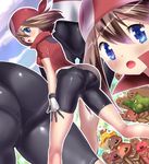  ass bandana bike_shorts black_gloves black_shorts blue_eyes blush brown_hair diglett from_behind gen_1_pokemon gen_5_pokemon gloves hair_between_eyes haruka_(pokemon) highres kakuna metapod mushi_gyouza open_mouth panties pantylines pokemon pokemon_(creature) scraggy sexually_suggestive shorts thigh_gap underwear 