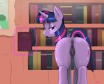 2014 anus book butt devo87 equine female feral friendship_is_magic fur glowing hair half-closed_eyes horn inside levitation library looking_at_viewer lying magic mammal my_little_pony on_back presenting presenting_hindquarters purple_eyes purple_fur purple_hair pussy solo twilight_sparkle_(mlp) unicorn 