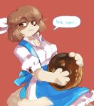 2020 4_fingers accessory anthro apron baker big_tail biped bird_dog blue_apron blue_clothing blush blush_lines bodily_fluids bottomwear bread bread_loaf breasts brown_body brown_eyes brown_fur brown_hair brown_nose button_(fastener) canid canine canis cavalier_king_charles_spaniel cheek_tuft chest_tuft cleavage clothed clothing collared_shirt curling_tail digital_drawing_(artwork) digital_media_(artwork) domestic_dog elka_(fiddleafox) ellipsis embarrassed english_text eyebrow_through_hair eyebrows eyelashes facial_tuft female fiddleafox fingers food fur hair hair_accessory hair_ribbon head_tuft hi_res holding_bread hunting_dog looking_aside looking_at_viewer mammal multicolored_body orange_background portrait ribbons shirt simple_background skirt small_nose solo spaniel speech_bubble sweat tail text topwear toy_dog translucent translucent_hair tuft two_tone_body white_body white_bottomwear white_clothing white_fur white_ribbon white_sclera white_shirt white_skirt white_topwear