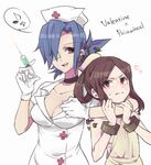  2girls artist_request blue_hair breasts brown_hair butler carol_(skullgirls) cleavage eyepatch gloves hat large_breasts legs_crossed multiple_girls no_mask nurse nurse_cap off_shoulder painwheel_(skullgirls) pale_skin red_eyes scar scars short_hair skullgirls smile stitches syringe valentine_(skullgirls) victorian white_gloves 