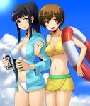  alternate_hairstyle amagi_yukiko bikini bikini_skirt black_eyes black_hair blush breasts brown_eyes brown_hair cleavage cloud day hood hoodie innertube large_breasts locked_arms medium_breasts multiple_girls navel open_mouth persona persona_4 persona_4_the_golden ponytail satonaka_chie short_hair sky swimsuit taru_neko wet white_bikini yellow_bikini 