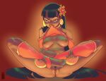  1girl barefoot black_hair blunt_bangs bottomless breasts chel_(el_dorado) choker clitoral_hood clothes_lift commentary dark-skinned_female dark_skin detached_leggings detached_sleeves earrings english_commentary feet_up female_pubic_hair flower full_body gold_choker gold_earrings hair_flower hair_ornament highres jewelry kumbhker lips long_hair looking_at_viewer medium_breasts mouth_hold nipples orange_eyes orange_socks orange_tube_top photoshop_(medium) pubic_hair pubic_stubble pussy raised_eyebrow sitting skeleton_costume socks solo spread_legs straight_hair strapless the_road_to_el_dorado toes tube_top tube_top_lift uncensored wide_spread_legs 