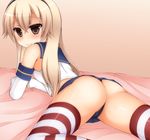  arm_support ass blonde_hair blush brown_eyes crop_top crop_top_overhang elbow_gloves gloves hairband highres kantai_collection long_hair looking_at_viewer looking_back lying midriff panties shimakaze_(kantai_collection) shiny shiny_skin smile solo striped striped_legwear thighhighs underwear zack_(haiuinndo) 