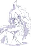  gandaresu_baran greyscale inazuma_eleven_(series) inazuma_eleven_go inazuma_eleven_go_galaxy long_hair male_focus monochrome ogino_atsuki pointy_ears sitting solo white_background 