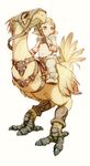  blonde_hair chocobo crop_top feral_lemma final_fantasy final_fantasy_xiv grey_eyes highres lalafell midriff navel pointy_ears saddle short_hair thighhighs 